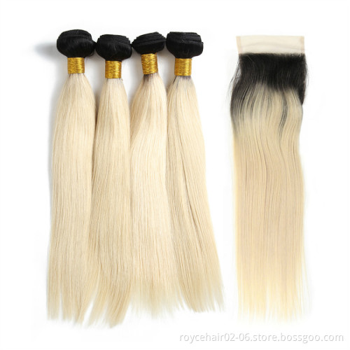 Colored Ombre 613 Blonde Raw Indian Human Hair Extensions Straight Hair Bundles With Lace Frontal Closure